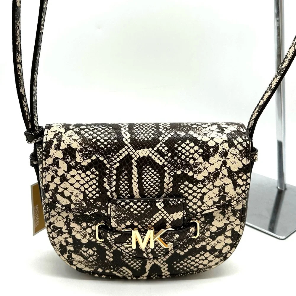 Michael Kors Small Reed Leather Saddle Crossbody Bag Snakeskin Nat/Light Cream - Picture 2 of 10